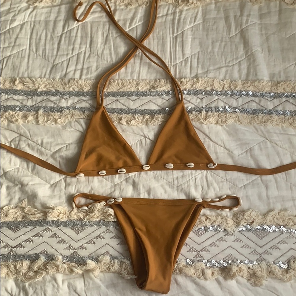 Studded Shell Halter Top With Low Rise Bikini